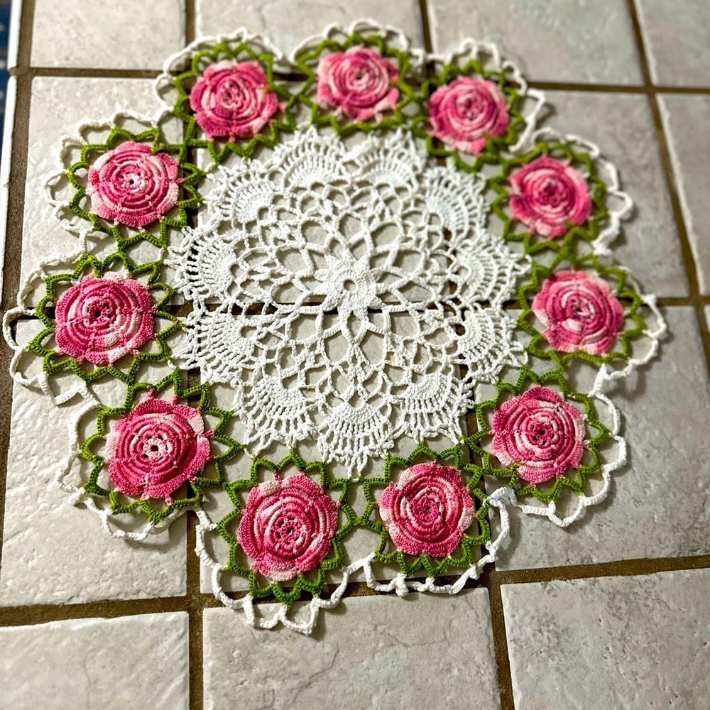 NEW handmade crocheted rose doily pink white